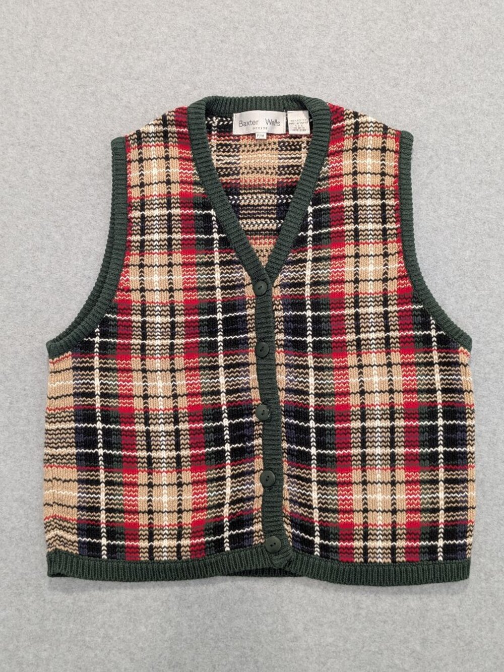 Vintage 90s Baxter Wells Sweater Vest PM Plaid Tartan Button Cream Cotton Knit